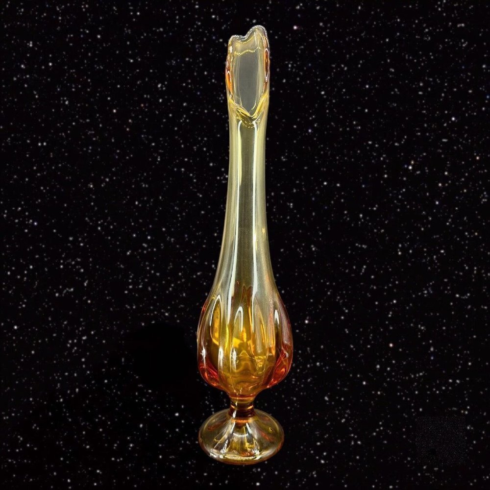 Viking Amber Stretch Swung 6 Petal Art Glass Vase Tall MCM Vintage 18"Tall 1.5"W - Picture 14 of 14